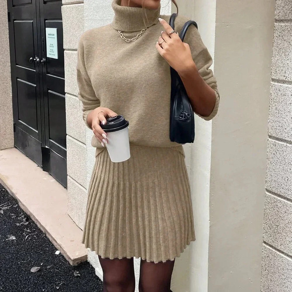 Apricot Casual Women's High Neck Batwing Sweater And Skirt Set - Picture 5 of 7